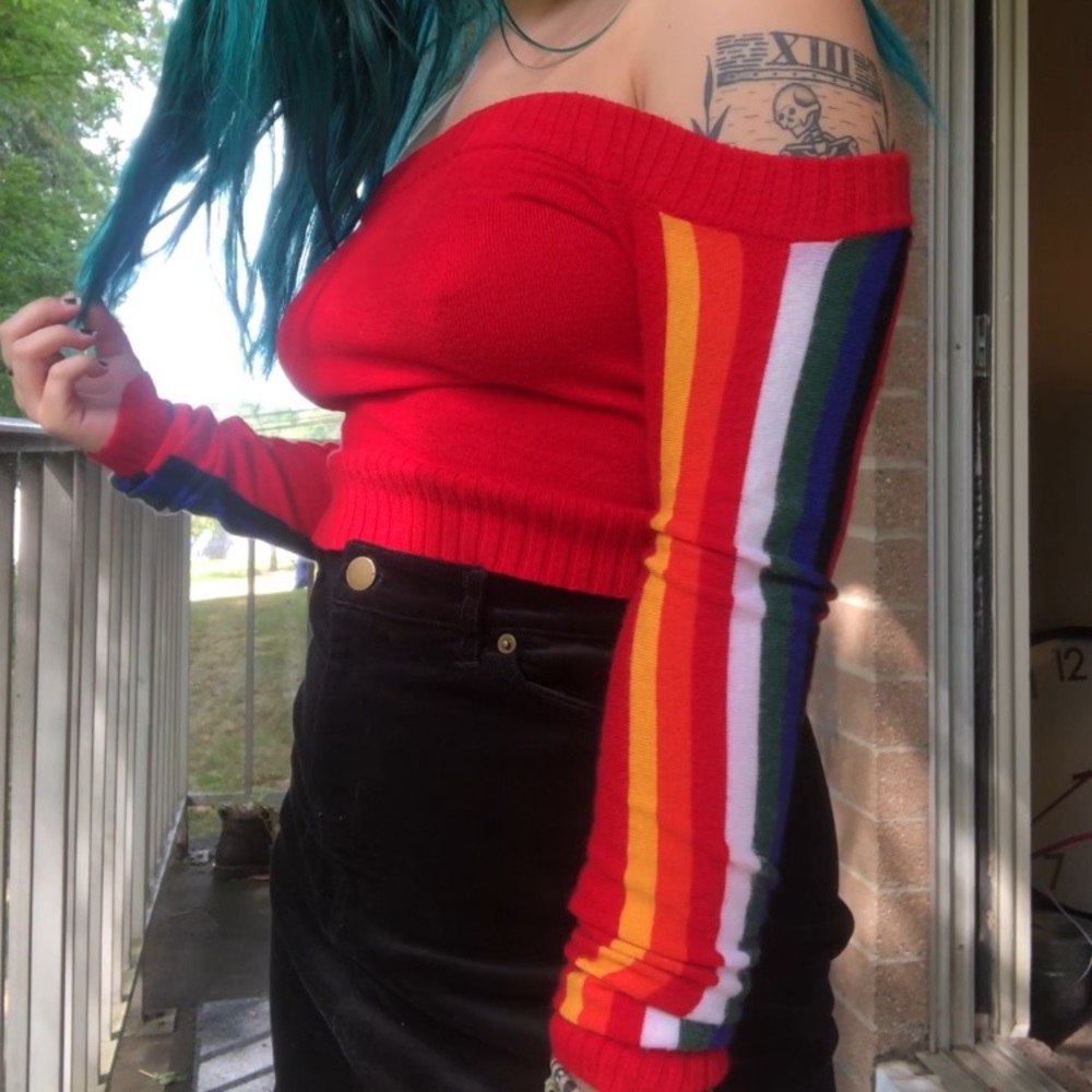 Red rainbow cropped off the shoulder sweater